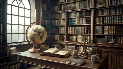 Wood-paneled library interior shows globe, books, and desk