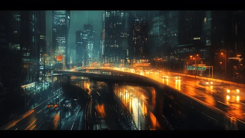 Neon rainstorm over molten highways in restless cybercity.