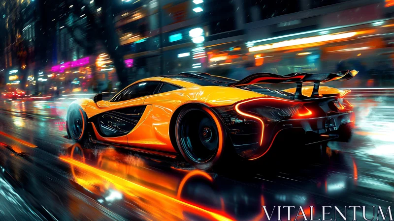 Neon raindrops chase a blazing hypercar through midnight streets