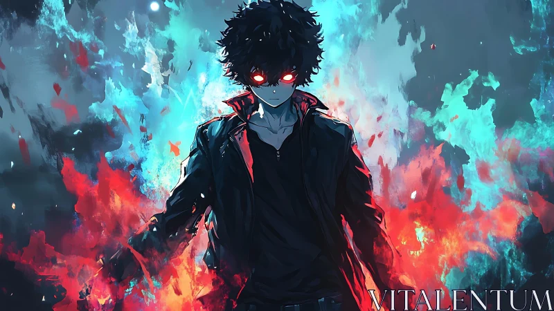 Dark anime figure amid dual-color elemental energy field