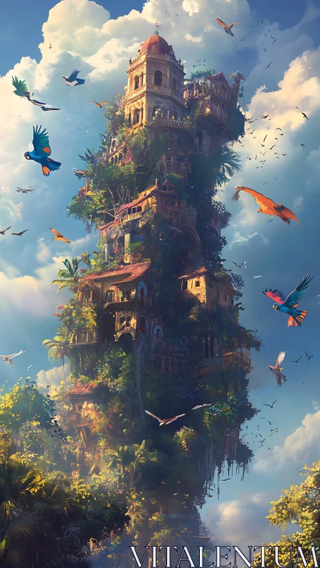 Vertical jungle tower with overgrown masonry and circling tropical birds