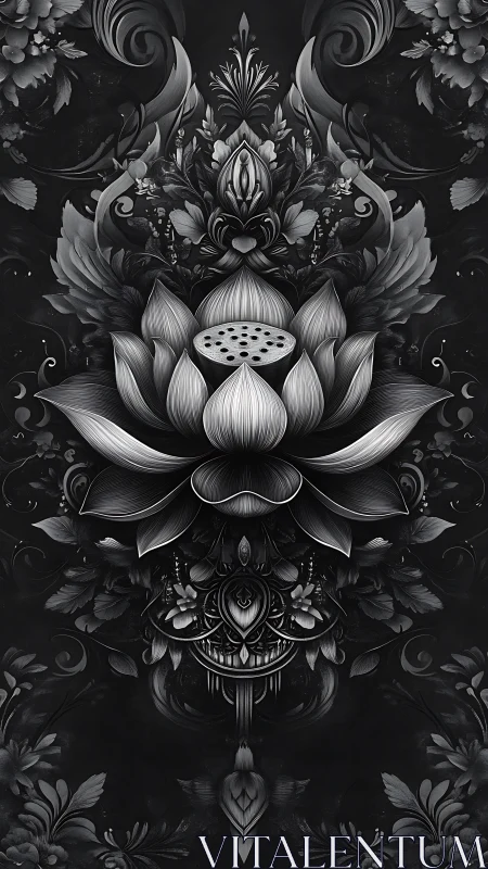Nocturne lotus mandala blooms in silver-shadowed symmetry.