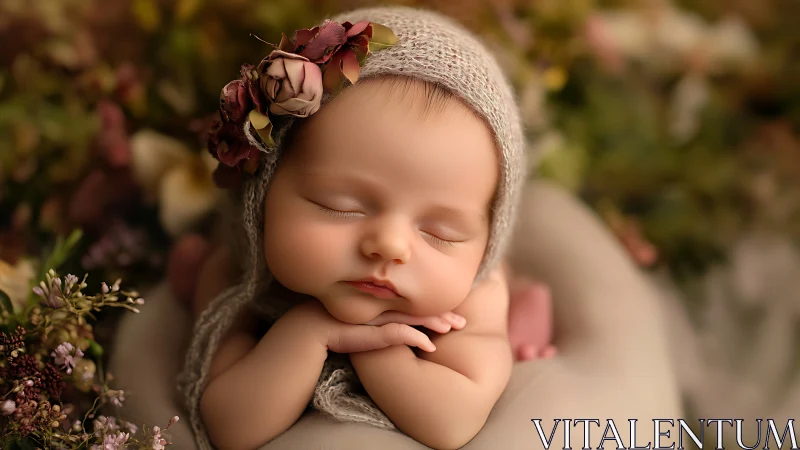 Sleeping infant in beige bonnet with burgundy florals.