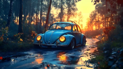 Weathered blue beetle on wet forest road at sunrise.