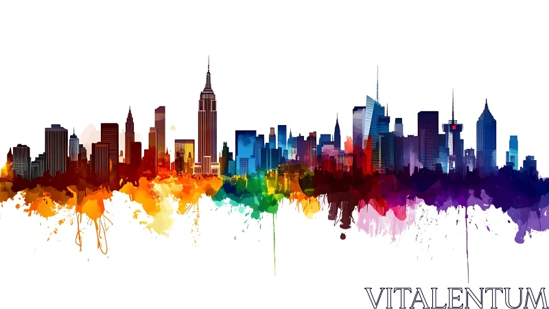 Multicolor watercolor skyline silhouette with highrise towers