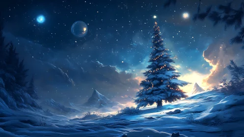 Starlit winter fir with celestial bodies over snowy ridges