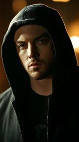 Hooded man in cinematic low light close-up portrait.