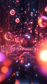 Chromatic glass spheres in neon volumetric light corridor