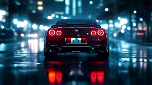 Red sports coupe accelerates through neon-soaked wet city street