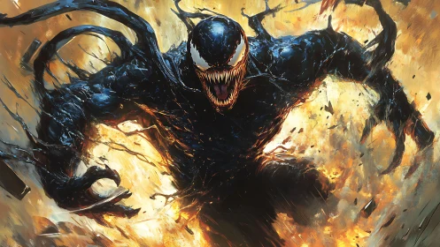 Menacing black monster lunging forward through fire and debris.