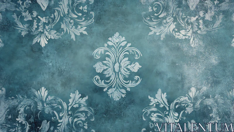 Ornate floral damask motif centered on distressed teal field