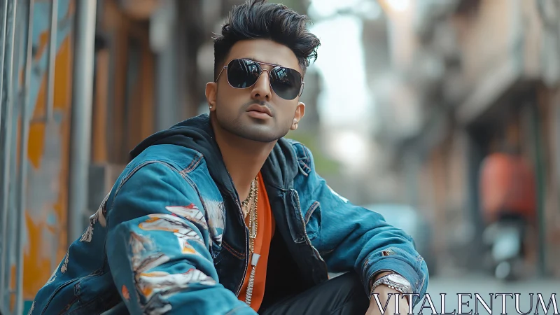 Street-cool maverick in teal denim ignites urban afternoon.