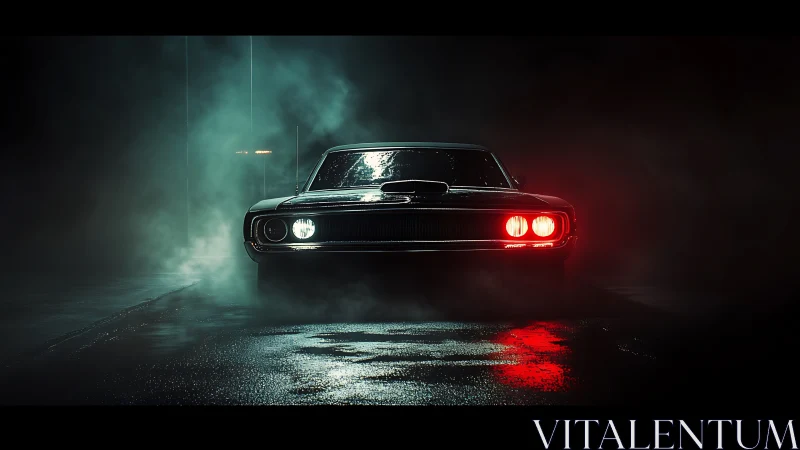 Muscle car front view cuts through rain-soaked night fog