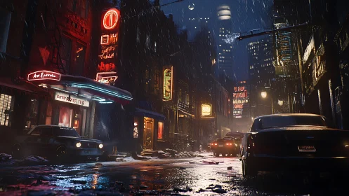 Rain-soaked neon street glows against a brooding city night.