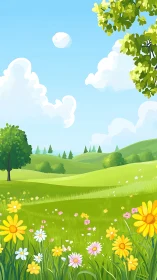 Vector-optimized spring meadow landscape with stylized flora.