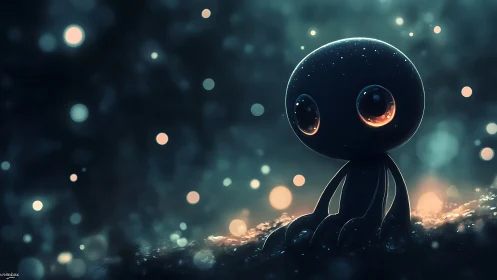 Starlit bubble-eyed wanderer pauses in a bokeh sea