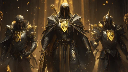 Golden armored paladins advance through luminous hall of light