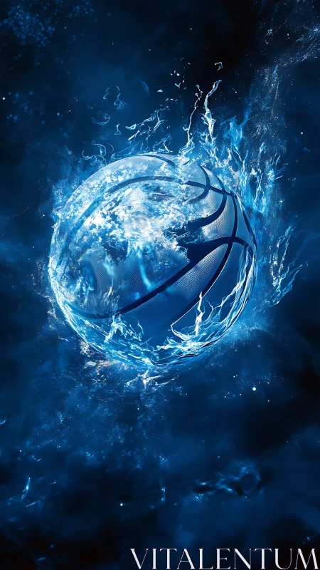 Basketball appears formed by luminous splashing blue water