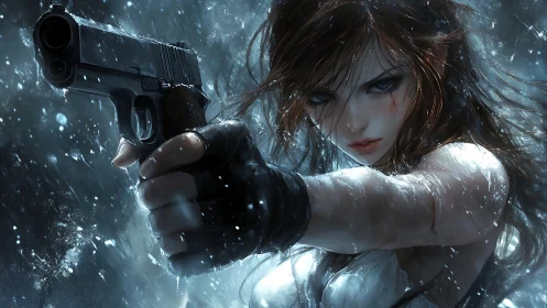 Storm-forged gunfighter aims through shards of frozen rain.