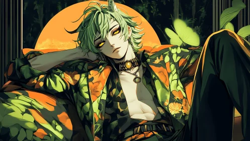 Relaxed forest spirit in floral silk under a golden moon.