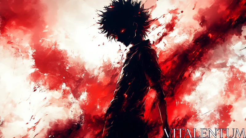 Silhouetted spiky haired figure in red abstract digital field.