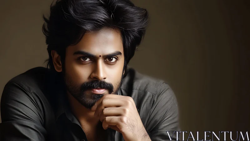 Man with beard stares forward in close cropped portrait