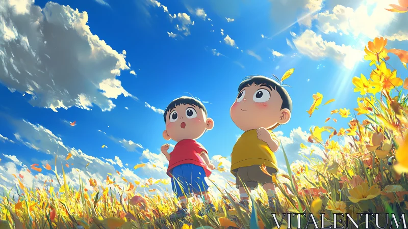 Sunlit meadow adventurers under a gigantic, storybook sky.