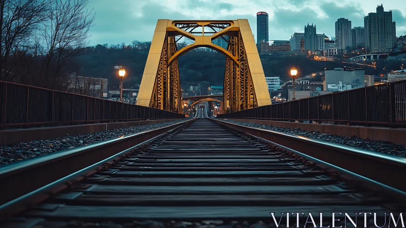 Symmetrical railway bridge perspective with urban skyline framing.