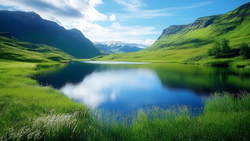 Mountain lake and green valley under clear summer sky.