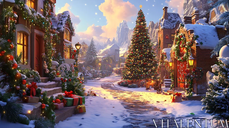 Snowy Christmas village glows with festive lights at dusk