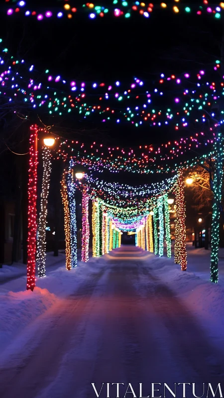 Snowy winter walkway under colorful festive light tunnel.