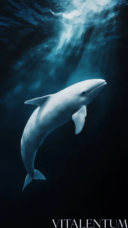 Solitary white whale glides through deep blue light shafts