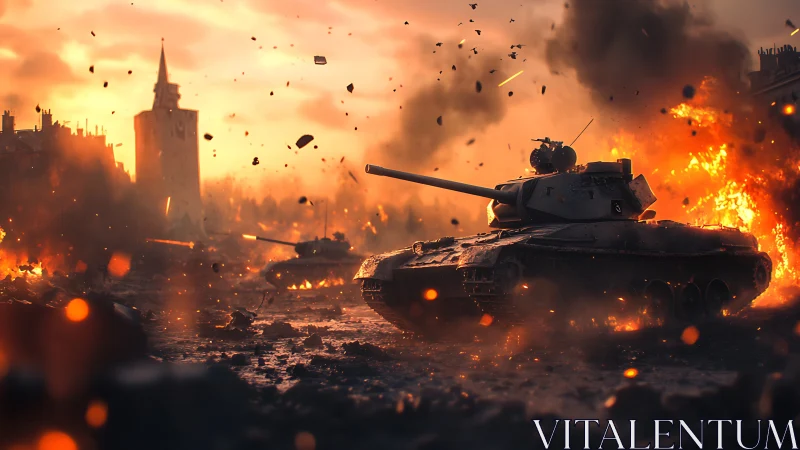 Armored main battle tank advancing through urban firestorm.