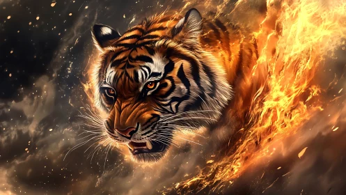 Inferno-striding tiger spirit roars from a storm of flames.