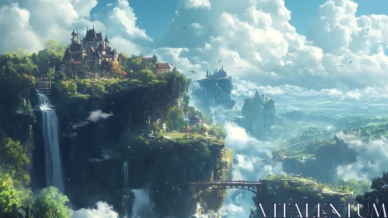 Fantasy cliffside citadel with cascading waterfalls panorama.