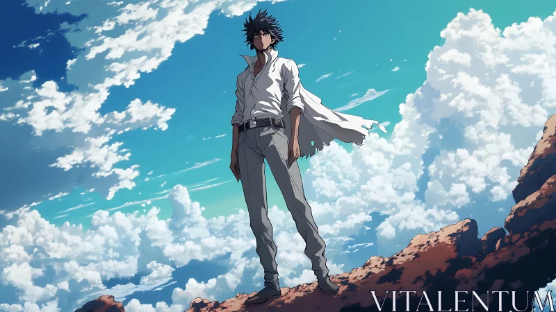 Solitary anime figure on rocky cliff against bright sky.