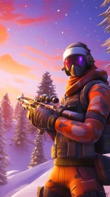 Winter sniper operative surveys glowing alpine battlefield