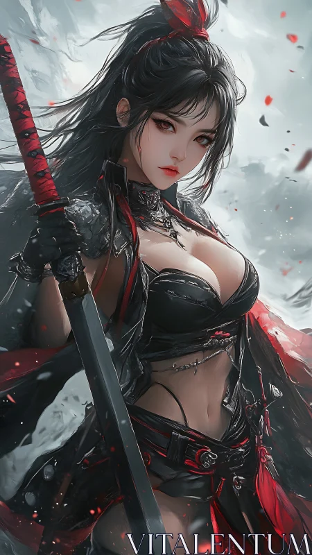 Stormlit crimson samurai girl poised in wind and steel.