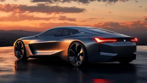 BMW concept coupe glows under cinematic sunset sky.