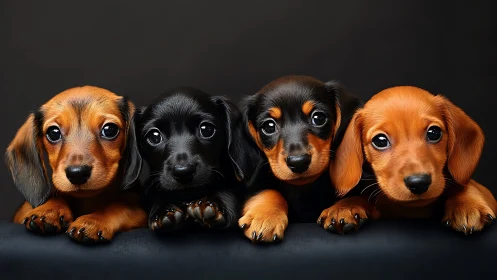 Four dachshund puppies pose under soft studio lighting.