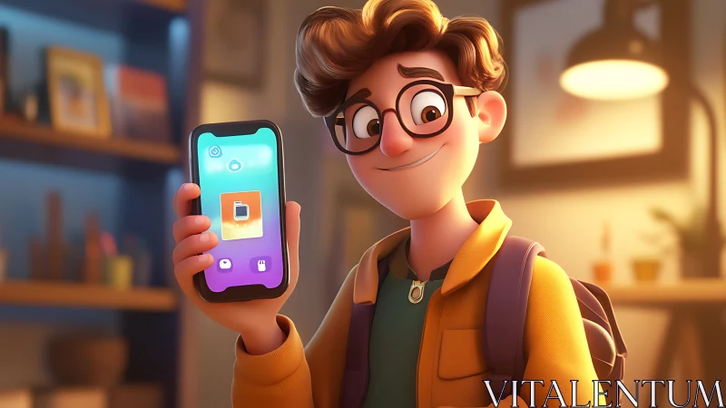 Digital painting of student showcasing mobile study app UI.