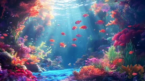 Digital undersea coral reef scene with schooling fish.