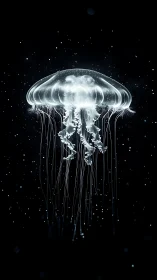 Luminous jellyfish drifts through cosmic black seascape.