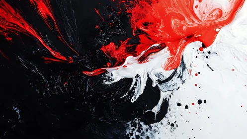 Dynamic abstract painting with black, red and white swirling patterns.
