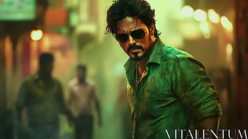 Intense street portrait of man in green shirt and sunglasses.