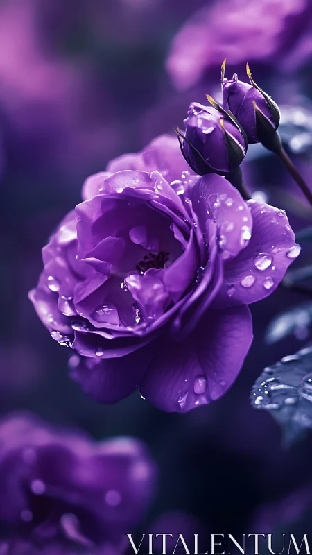 Purple Rose with Water Droplets: Macro Floral Study.