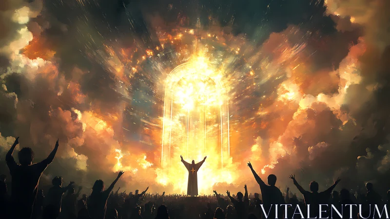Radiant celestial gateway erupts above worshipping crowd.
