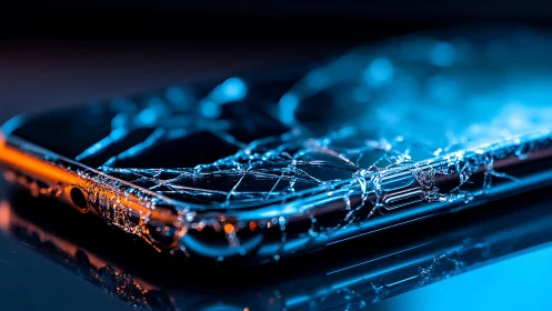 Shattered smartphone glass under blue orange accent lighting.