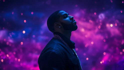 Profile portrait of man against neon purple galaxy backdrop.