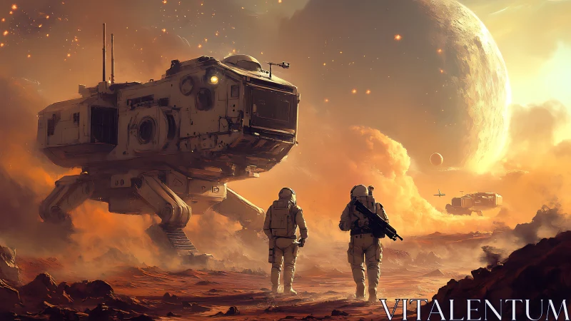 Astronauts cross a burning sky as colossal lander descends on Mars